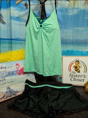 ZeroXposur Mint Green Tankini Top with Black Swim Skort
